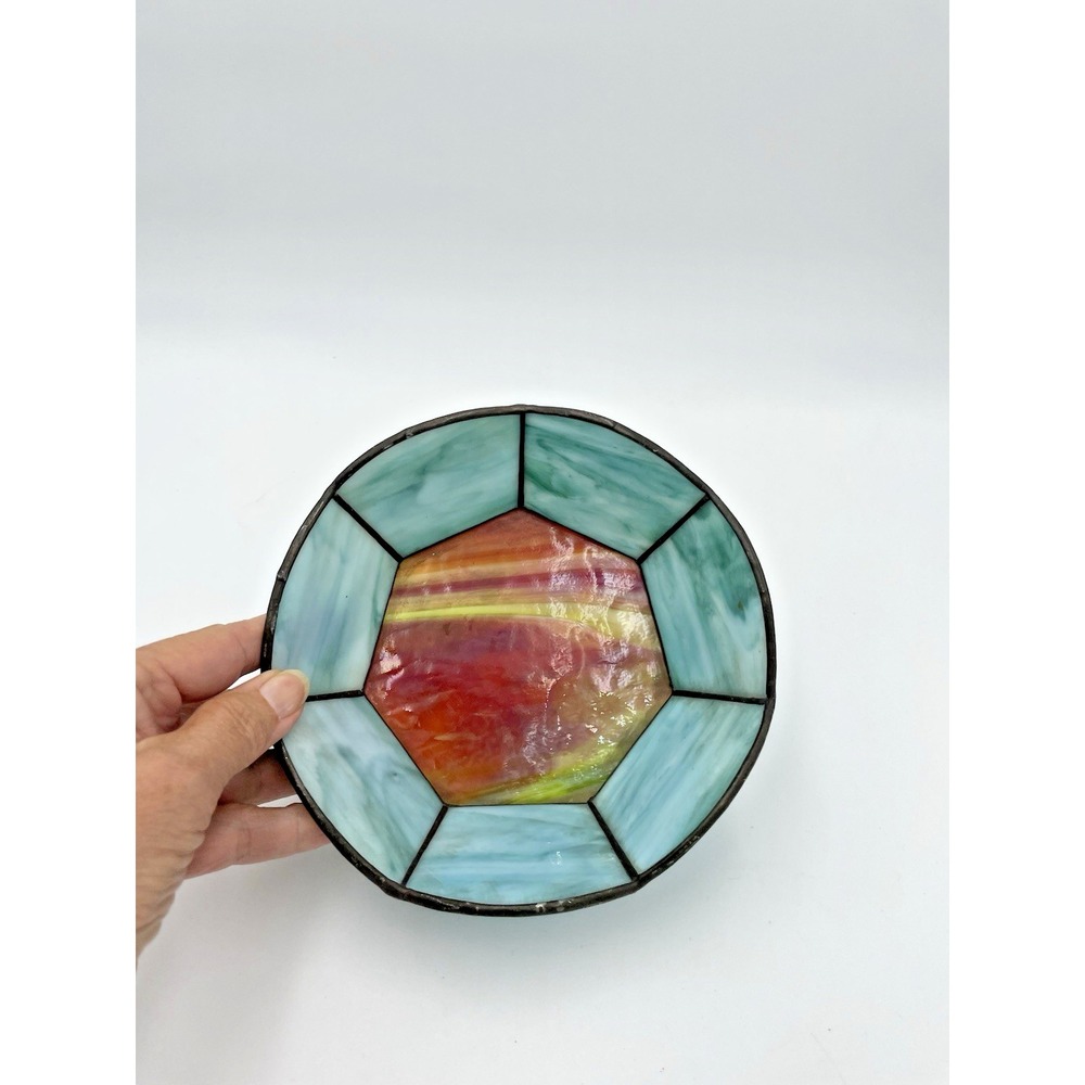 Vintage Turquoise‎ & Red Stained Glass Art Bowl 6.5" D - Picture 2 of 8